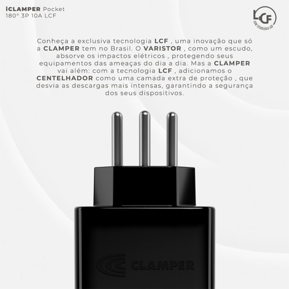 Protetor Contra Surtos Elétricos (DPS), 127/220V, 10 Amperes, 1 Tomada, 3 pinos, iCLAMPER Pocket LCF, 3P 10A, Preto - 28506 Protetor Contra Surtos Elétricos (DPS), 127/220V, 10 Amperes, 1 Tomada, 3 pinos, iCLAMPER Pocket LCF, 3P 10A, Preto - 28506
