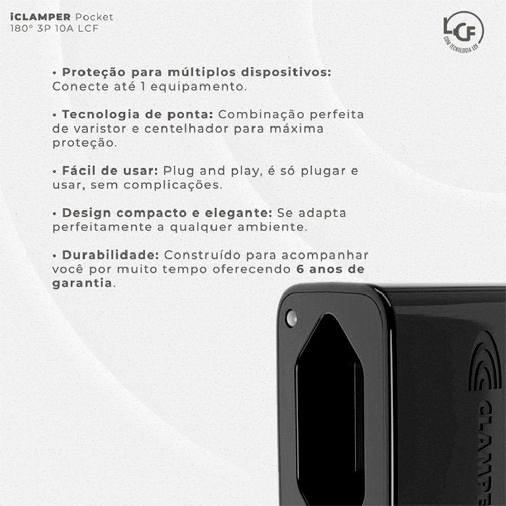 Protetor Contra Surtos Elétricos (DPS), 127/220V, 10 Amperes, 1 Tomada, 3 pinos, iCLAMPER Pocket LCF, 3P 10A, Preto - 28506 Protetor Contra Surtos Elétricos (DPS), 127/220V, 10 Amperes, 1 Tomada, 3 pinos, iCLAMPER Pocket LCF, 3P 10A, Preto - 28506