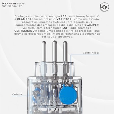 Protetor Contra Surtos Elétricos (DPS), 127/220V, 10 Amperes, 1 Tomada, 3 pinos, iCLAMPER Pocket LCF, 3P 10A, Transparente - 28505