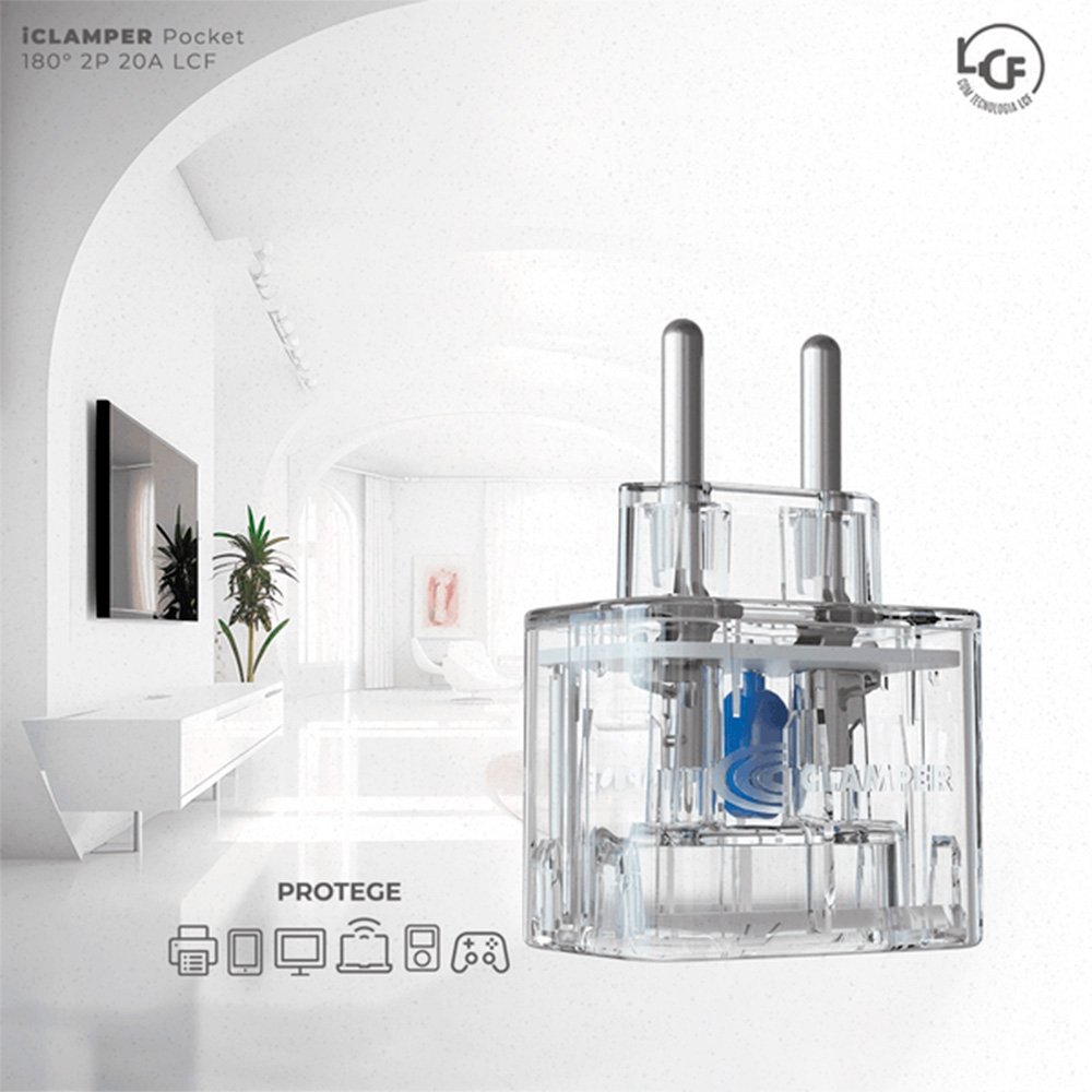 Imagem 4 de 6 do produto Protetor Contra Surtos Elétricos (DPS), 127/220V, 20 Amperes, 1 Tomada, 2 pinos, iCLAMPER Pocket LCF, 2P 20A, Transparente - 28511