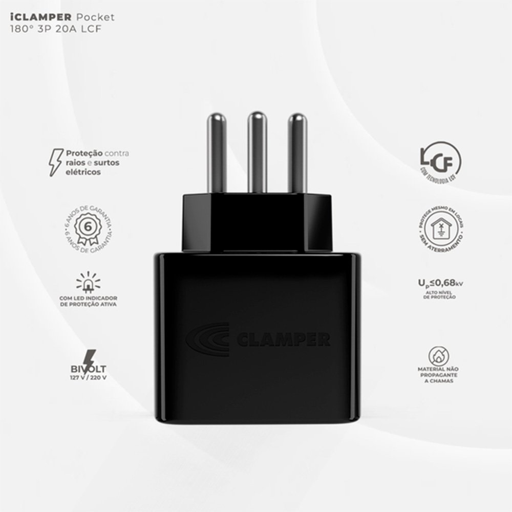 Protetor Contra Surtos Elétricos (DPS), 127/220V, 20 Amperes, 1 Tomada, 3 pinos, iCLAMPER Pocket LCF, 3P 20A, Preto - ( Balão.info - foto 2
