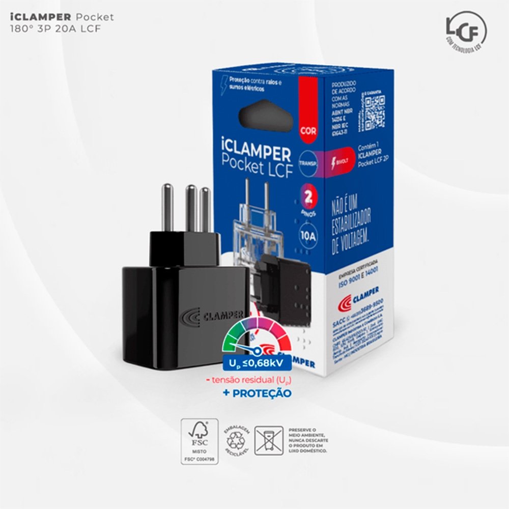 Protetor Contra Surtos Elétricos (DPS), 127/220V, 20 Amperes, 1 Tomada, 3 pinos, iCLAMPER Pocket LCF, 3P 20A, Preto - ( Balão.info - foto 6
