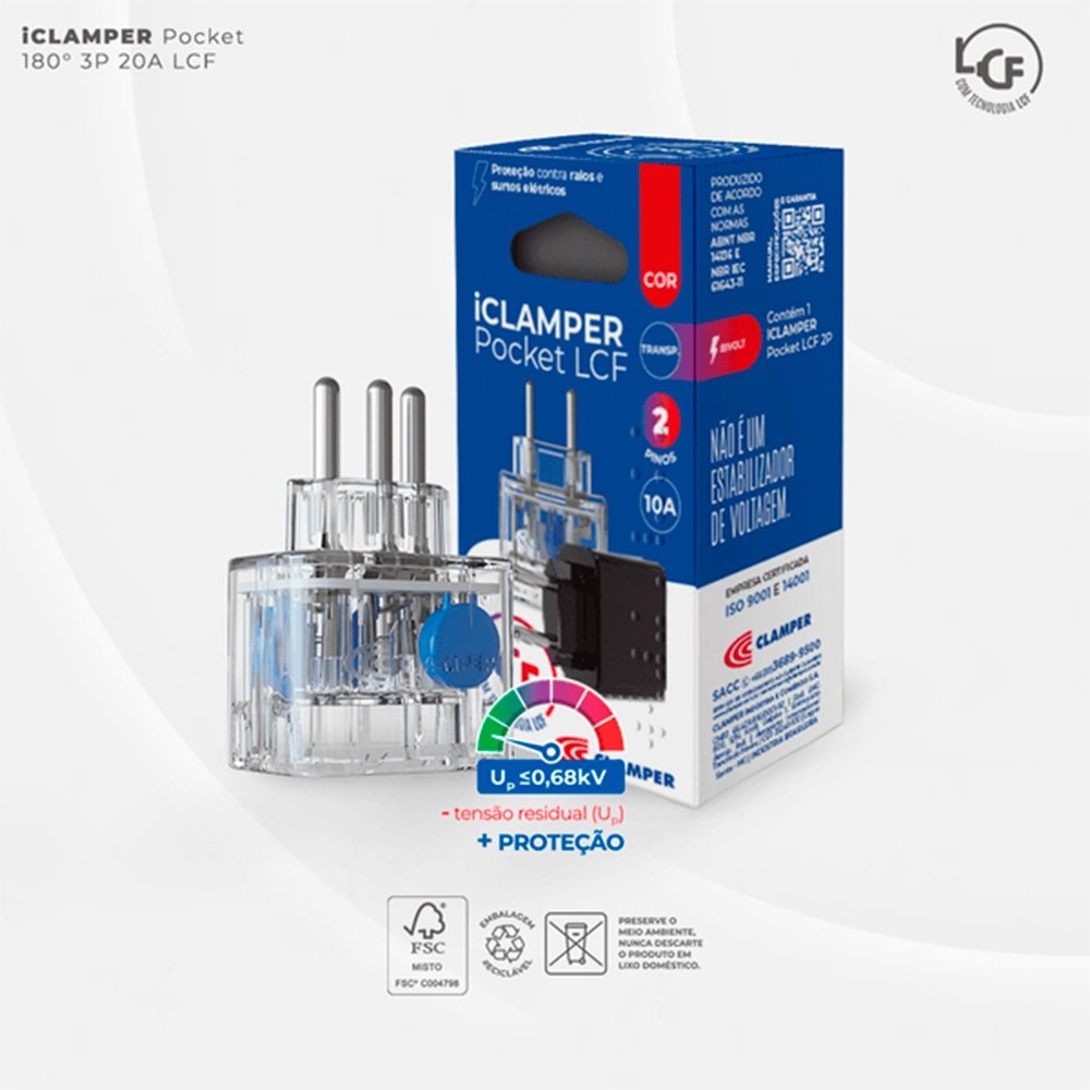 Protetor Contra Surtos Elétricos (DPS), 127/220V, 20 Amperes, 1 Tomada, 3 pinos, iCLAMPER Pocket LCF, 3P 20A, Transparente - 28504 - view 6