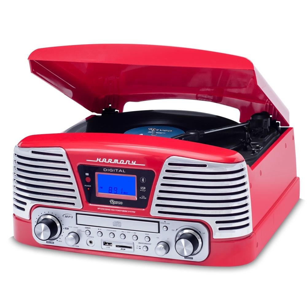 Toca Discos Vitrola Raveo Harmony BT - Bluetooth, CD, MP3, USB e SD Reproduz e Grava, Aux. e FM 10W RMS Bivolt Vermelho