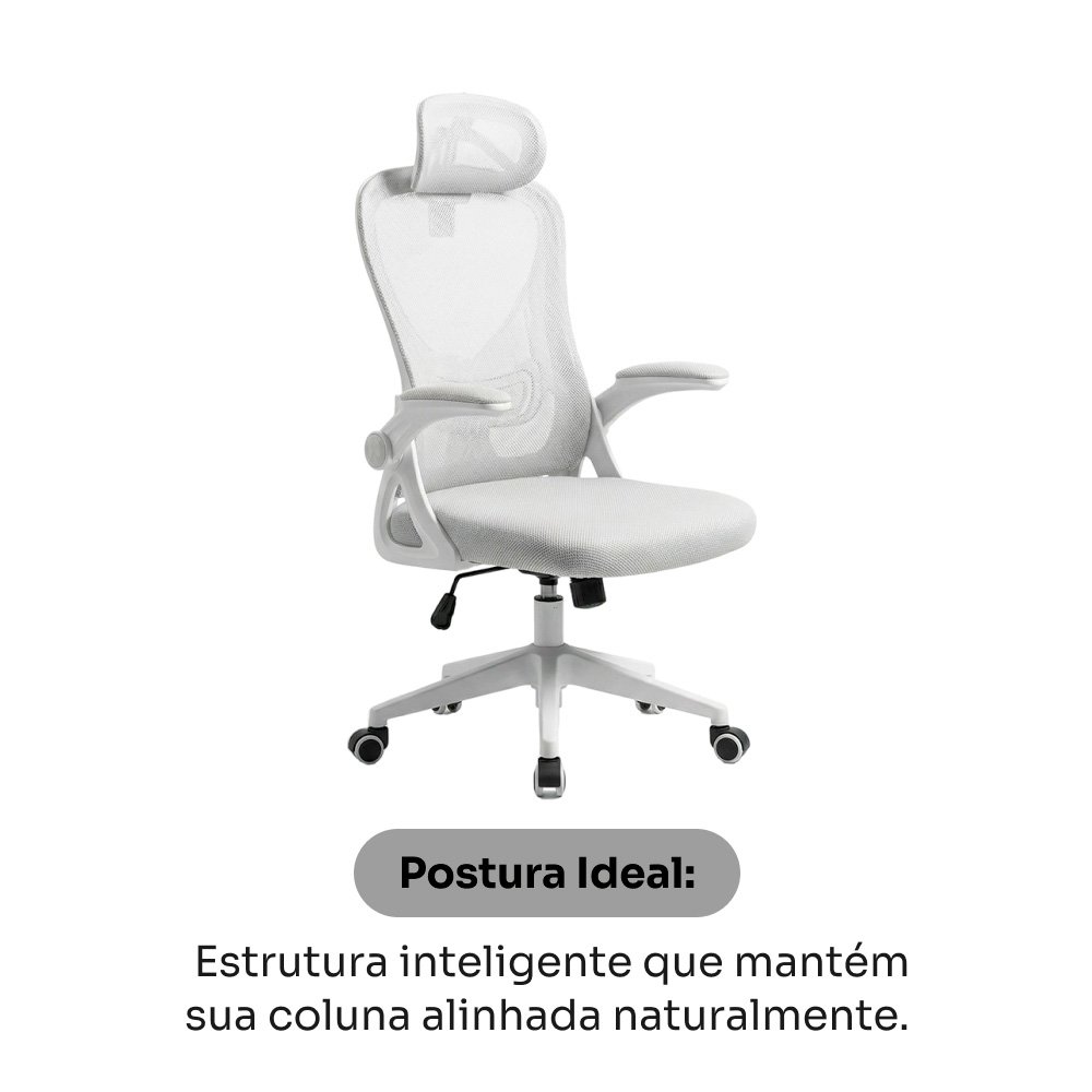 Cadeira de Escritório Husky Apta, Braço Retrátil, Até 120kg, Mesh Cinza, Reclínio 120º, Butterfly, Ajuste de Altura, Cinza - HCO700CZ