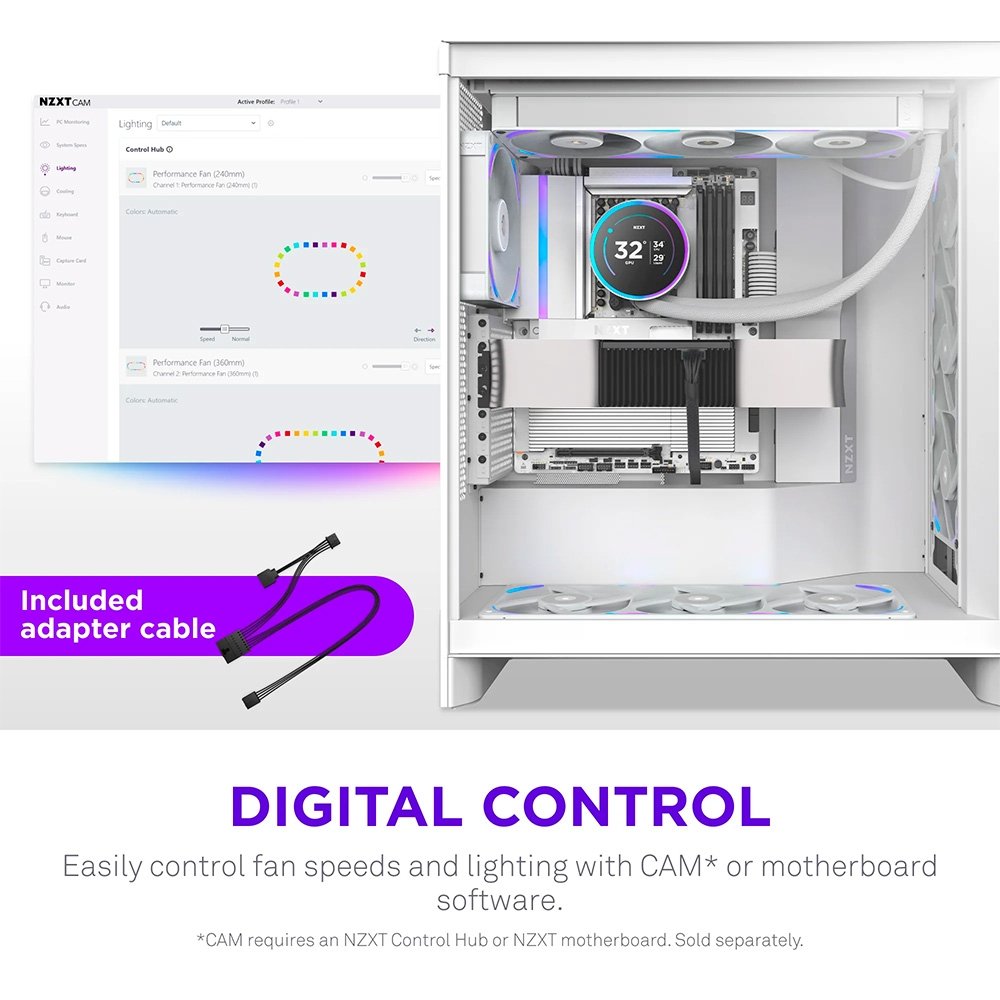 Imagem 6 de 9 do produto Ventoinha NZXT F360X Performance, 120mm, PWM, RGB, 3x Single-Frame, Branco - RF-U36PN-W1