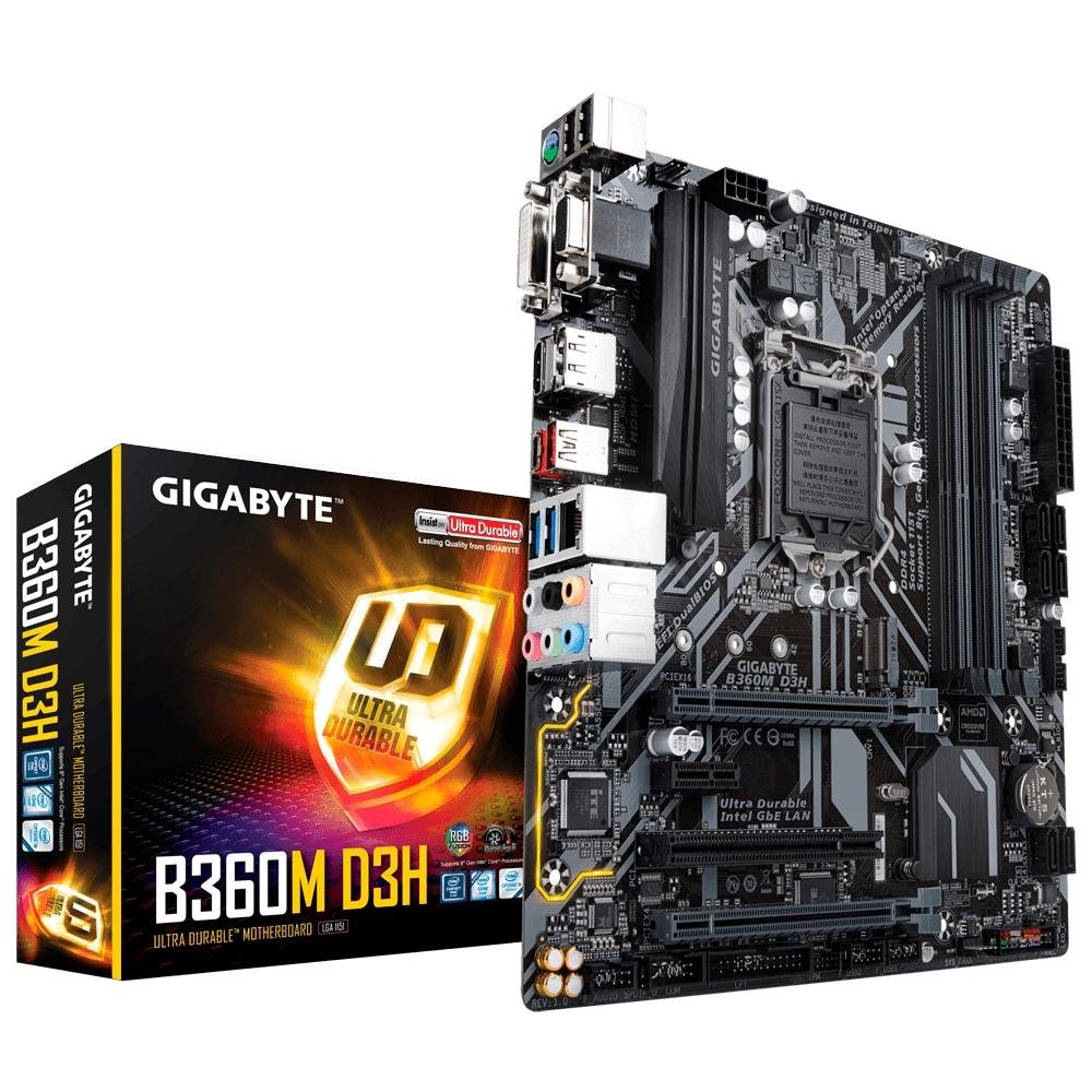 Placa-Mãe Gigabyte B360M D3H, Intel LGA 1151, mATX, DDR4, Preto Placa-Mãe Gigabyte B360M D3H, Intel LGA 1151, mATX, DDR4, Preto