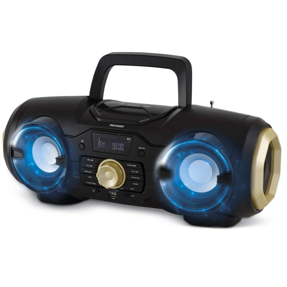 Rádio Portátil Philco - Bluetooth, CD, MP3, USB, Aux. e FM 100W RMS Bivolt  Preto/Dourado - PBO400BT 056603733