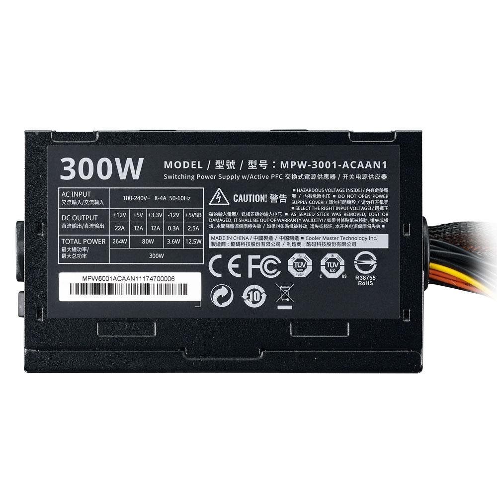 Fonte Cooler Master Elite V3, 300W, PFC Ativo, Sem Cabo, Preto - MPW-3001-ACAAN1 Fonte Cooler Master Elite V3, 300W, PFC Ativo, Sem Cabo, Preto - MPW-3001-ACAAN1