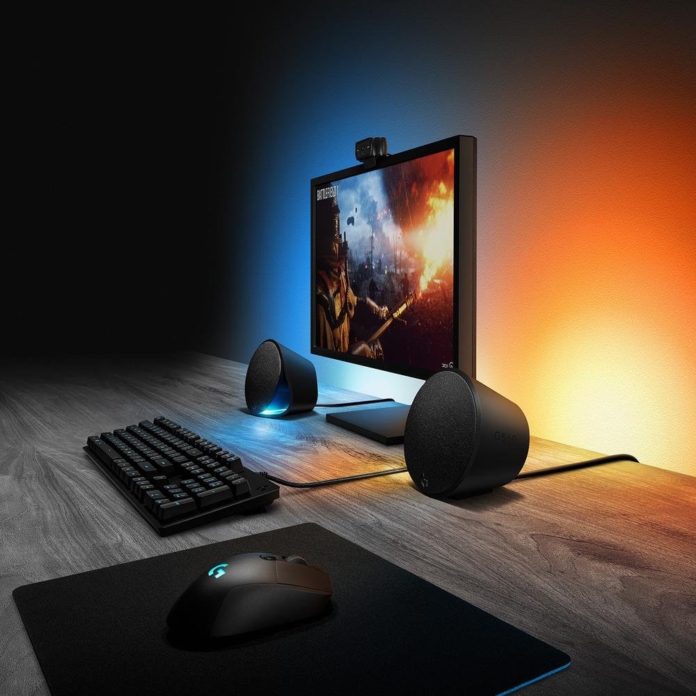 Caixa de som Logitech G560 com RGB LIGHTSYNC, Sistema 2.1 e Conexão Bluetooth, USB ou 3,5mm - 980-001310