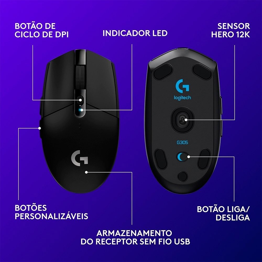 Mouse Gamer Sem Fio Logitech G305 LIGHTSPEED, 12000 DPI, 6 Botões, Preto - 910-005281 - view 6
