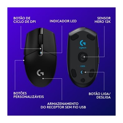 Mouse Gamer Sem Fio Logitech G305 LIGHTSPEED, 12000 DPI, 6 Botões, Preto - 910-005281