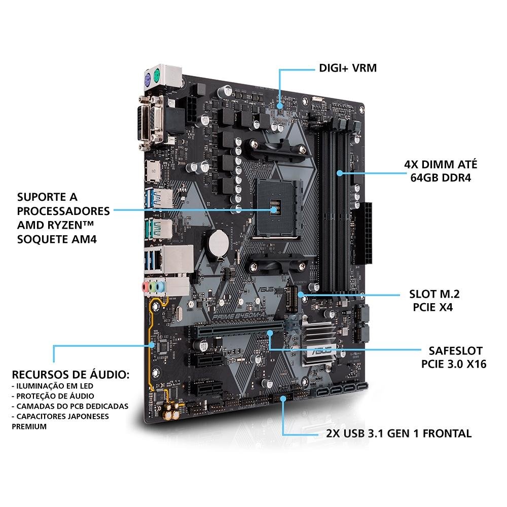 Imagem 9 de 10 do produto Placa-Mãe ASUS Prime B450M-A, AMD AM4, mATX, DDR4, Preto