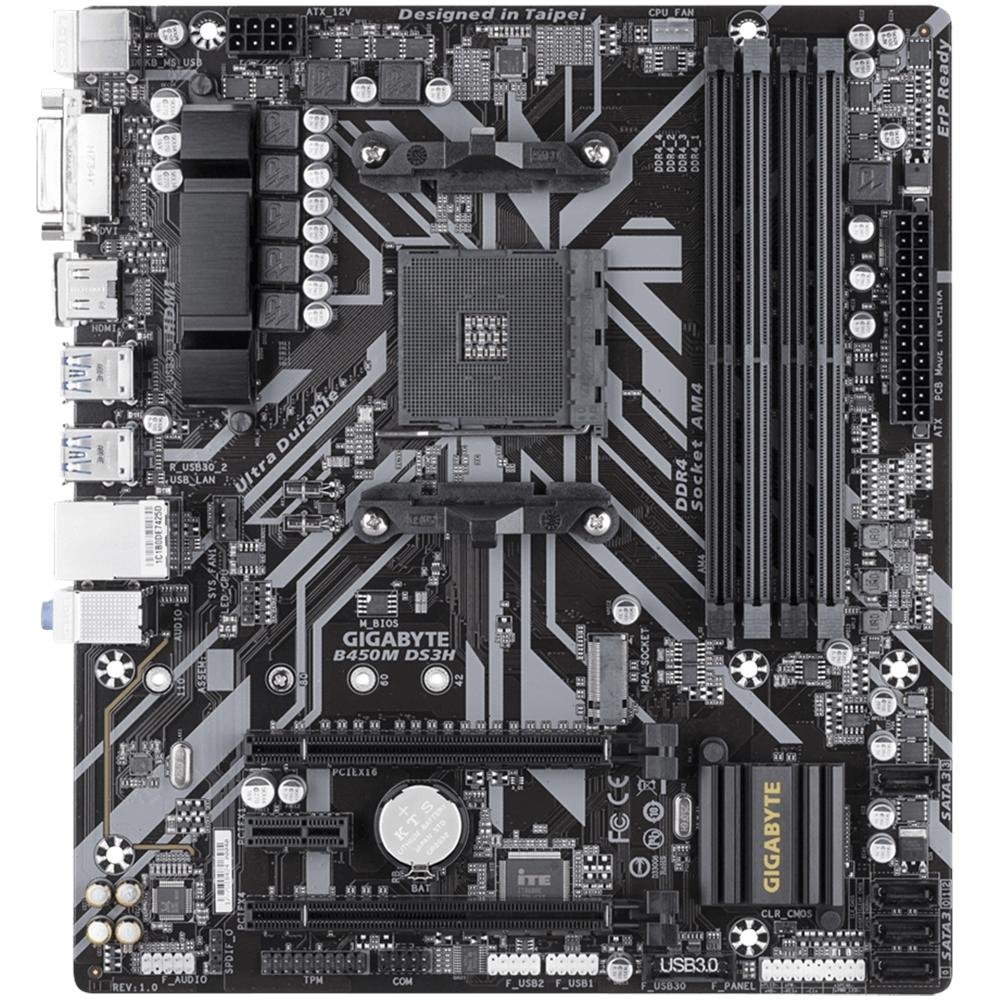 Placa-Mãe Gigabyte B450M DS3H, AMD, mATX, DDR4, Preto - B450M DS3H Placa-Mãe Gigabyte B450M DS3H, AMD, mATX, DDR4, Preto - B450M DS3H