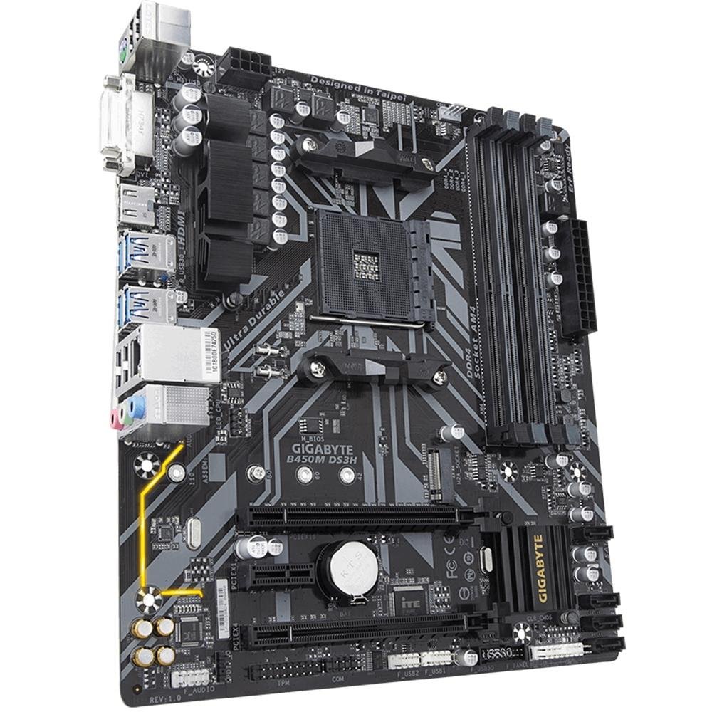 Placa-Mãe Gigabyte B450M DS3H, AMD, mATX, DDR4, Preto - B450M DS3H Placa-Mãe Gigabyte B450M DS3H, AMD, mATX, DDR4, Preto - B450M DS3H