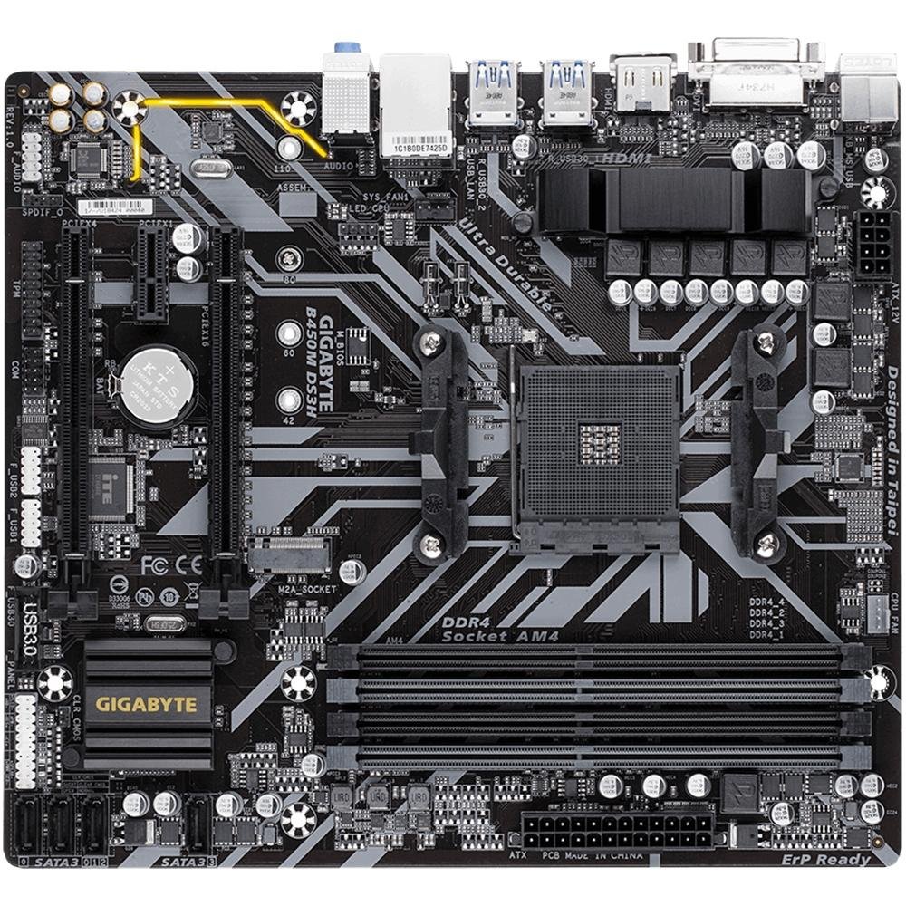 Placa-Mãe Gigabyte B450M DS3H, AMD, mATX, DDR4, Preto - B450M DS3H Placa-Mãe Gigabyte B450M DS3H, AMD, mATX, DDR4, Preto - B450M DS3H