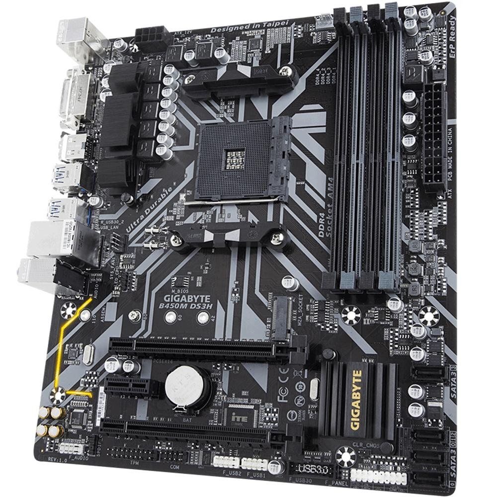 Placa-Mãe Gigabyte B450M DS3H, AMD, mATX, DDR4, Preto - B450M DS3H Placa-Mãe Gigabyte B450M DS3H, AMD, mATX, DDR4, Preto - B450M DS3H