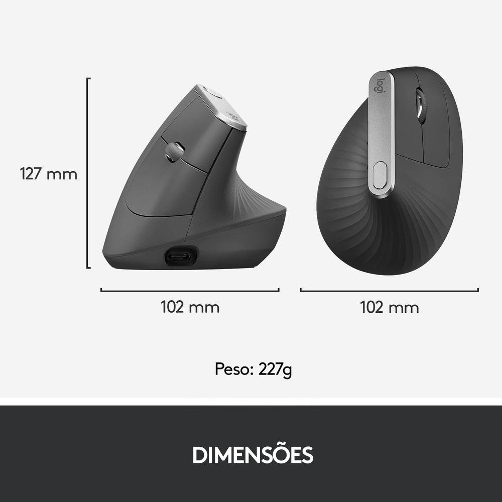 Mouse sem fio Logitech MX Vertical Design Ergonômico para Redução de Tensão Muscular, USB Unifying ou Bluetooth, Recarregável - 910-005449 - view 6
