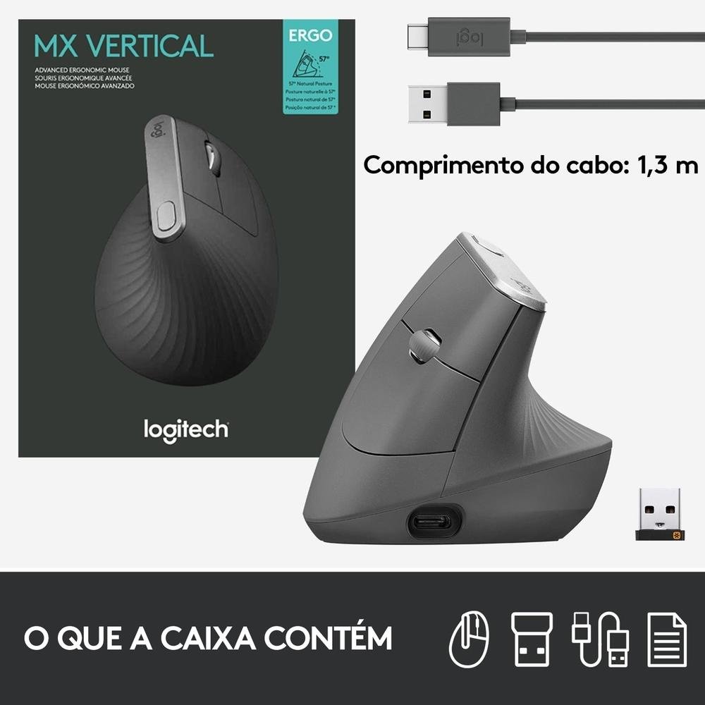 Mouse sem fio Logitech MX Vertical Design Ergonômico para Redução de Tensão Muscular, USB Unifying ou Bluetooth, Recarregável - 910-005449 - view 7