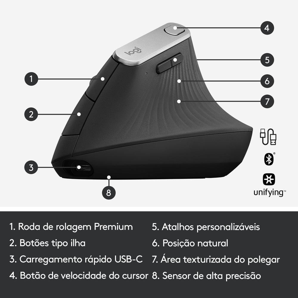Mouse sem fio Logitech MX Vertical Design Ergonômico para Redução de Tensão Muscular, USB Unifying ou Bluetooth, Recarregável - 910-005449 - view 9