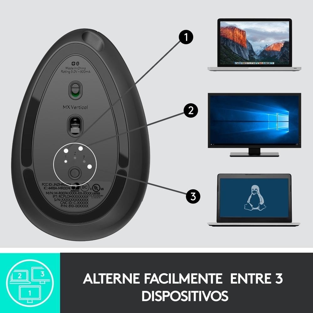 Mouse sem fio Logitech MX Vertical Design Ergonômico para Redução de Tensão Muscular, USB Unifying ou Bluetooth, Recarregável - 910-005449 - view 10