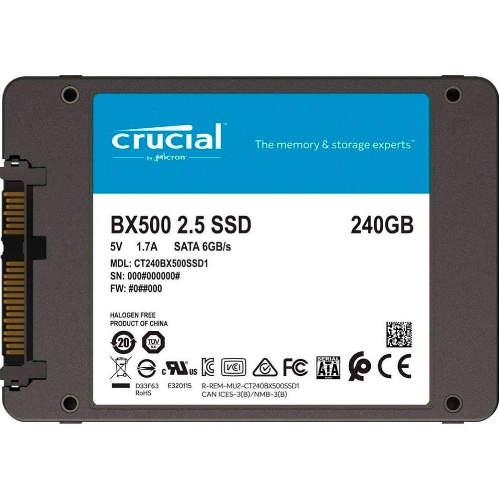 SSD Crucial BX500, 240GB, SATA III, 2.5", Leitura: 540MB/s, Gravação: 500MB/s, Preto - CT240BX500SSD1 SSD Crucial BX500, 240GB, SATA III, 2.5", Leitura: 540MB/s, Gravação: 500MB/s, Preto - CT240BX500SSD1