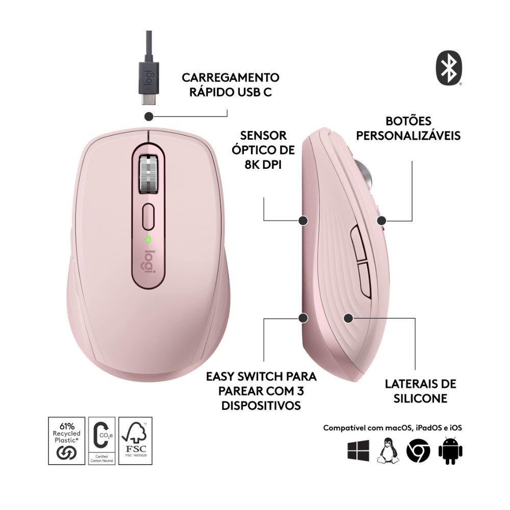Mouse Sem Fio ( Balão.info) MX Anywhere 3S Uso em Qualquer Superfície, Clique Silencioso, Recarregável, Conexão Bluetooth, Rosa - 910-( Balão.info - foto 6