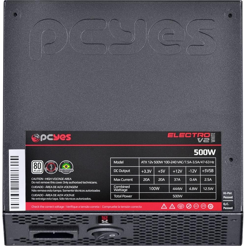 Imagem 7 de 8 do produto Fonte PCYes Electro V2, 500W, 80 Plus White, PFC Ativo, Preto - ELV2WHPTO500W