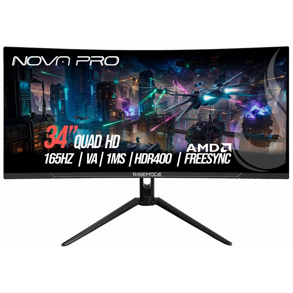 Monitor Gamer Curvo Rise Mode 34", 2K, 165Hz, 1ms, VA, HDMI e DisplayPort, Altura Ajustável, Som Integrado, Preto - RM-MONV01-34C1652K-B