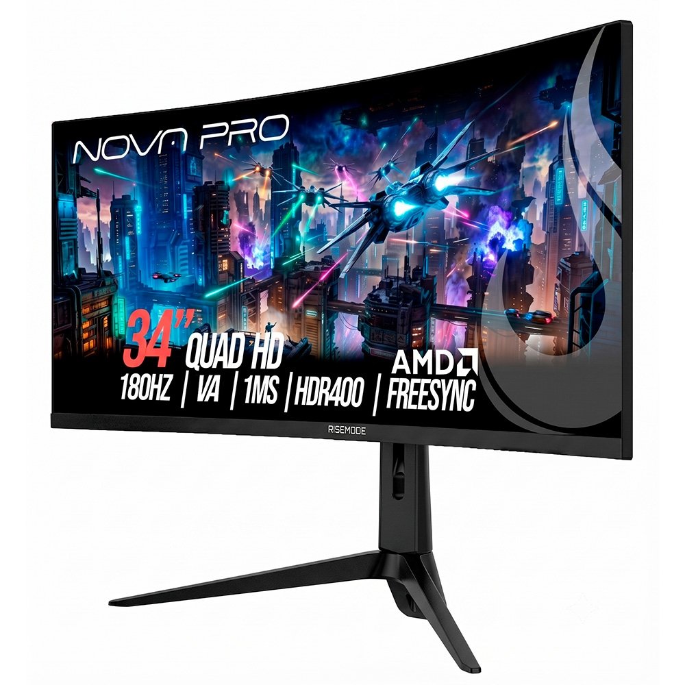 Monitor Gamer Rise Mode Nova Pro 34", QHD, 180Hz, 1ms, VA, HDMI e DisplayPort, Altura Ajustável, Som Integrado, Preto - RM-MONV03-34C1802K-B