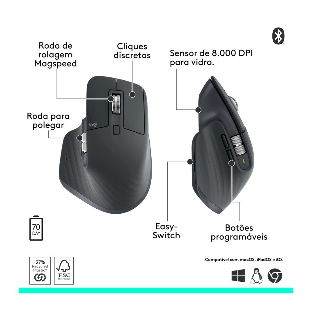 Imagem 6 de 10 do produto Mouse Logitech Mx Master 3s Bluetooth Edition, Conexão por Bluetooth, Rolagem ultra-rápida, 8K DPI, Clique Silencioso, Grafite - 910-007502