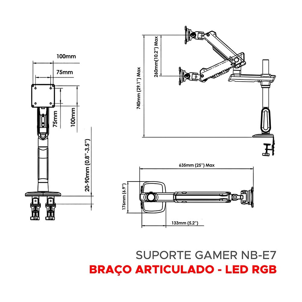 Imagem 11 de 11 do produto Suporte de Mesa Articulado Gamer para Monitor de 32" a 60" North Bayou, com Pistão a Gás, RGB, Preto - F7 NB