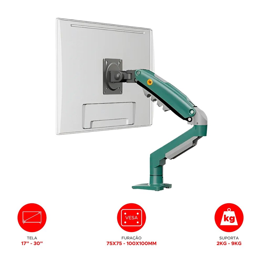 Imagem 9 de 12 do produto Suporte de Mesa Articulado para Monitor de 17" a 30" North Bayou, Ajustes com Pistão a Gás, Verde - F80-XK NB