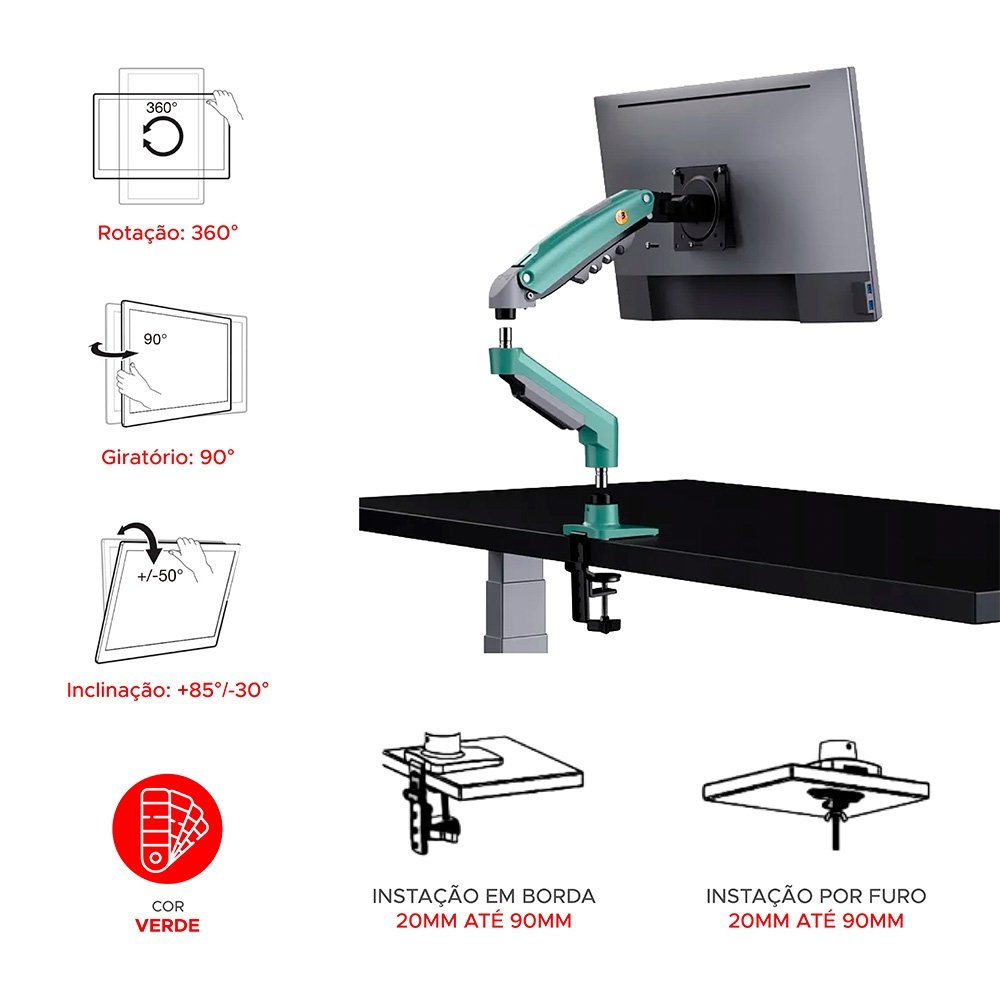 Imagem 11 de 12 do produto Suporte de Mesa Articulado para Monitor de 17" a 30" North Bayou, Ajustes com Pistão a Gás, Verde - F80-XK NB