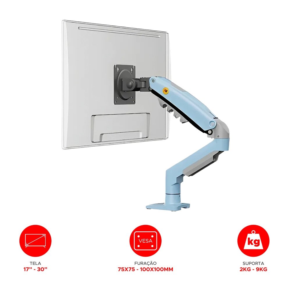 Imagem 10 de 12 do produto Suporte de Mesa Articulado para Monitor de 17" a 30" North Bayou, Ajustes com Pistão a Gás, Azul - F80-XM NB