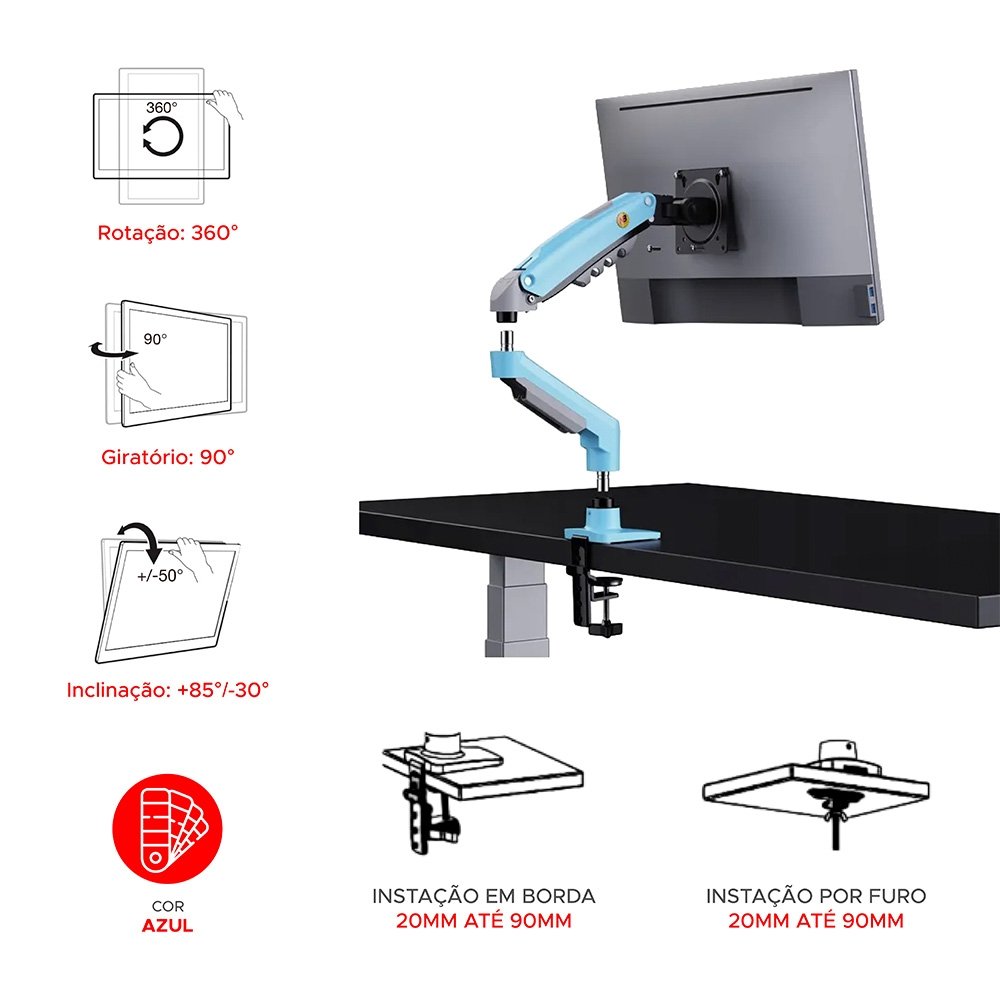 Imagem 12 de 12 do produto Suporte de Mesa Articulado para Monitor de 17" a 30" North Bayou, Ajustes com Pistão a Gás, Azul - F80-XM NB