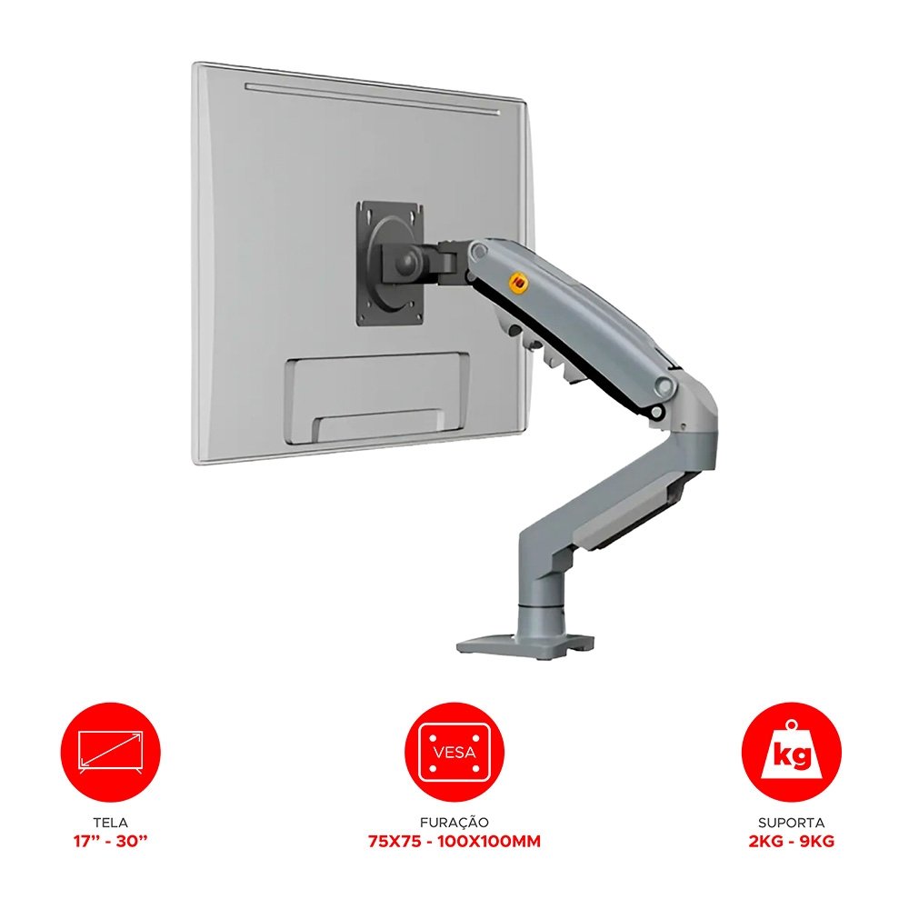 Imagem 15 de 17 do produto Suporte de Mesa Articulado para Monitor de 17" a 30" North Bayou, Ajustes com Pistão a Gás, Cinza - F80-XV NB