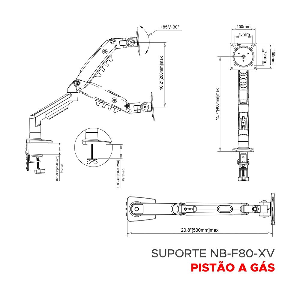 Imagem 16 de 17 do produto Suporte de Mesa Articulado para Monitor de 17" a 30" North Bayou, Ajustes com Pistão a Gás, Cinza - F80-XV NB