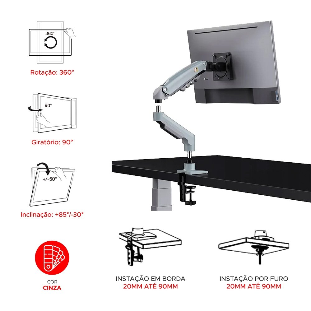 Imagem 14 de 17 do produto Suporte de Mesa Articulado para Monitor de 17" a 30" North Bayou, Ajustes com Pistão a Gás, Cinza - F80-XV NB