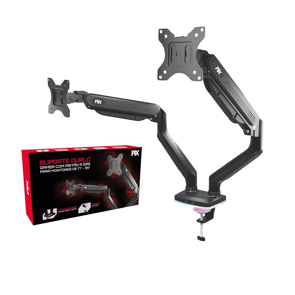 Suporte de Mesa Articulado Gamer para 2 Monitores de 17 a 35 PIX, com Pistão a Gás e HUB USB-C/A, RGB, Preto - PX-GG9-D - view 2