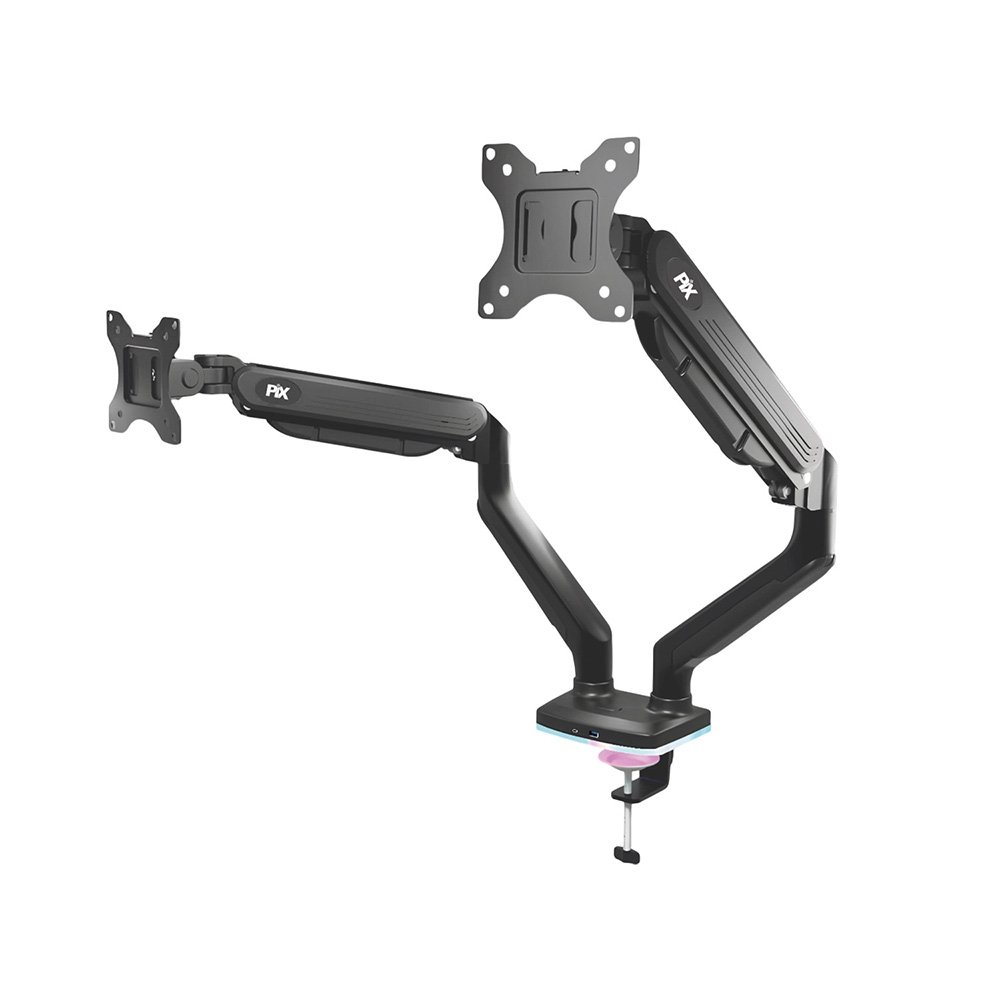 Suporte de Mesa Articulado Gamer para 2 Monitores de 17" a 35" PIX, com Pistão a Gás e HUB USB-C/A, RGB, Preto - PX-GG9-D