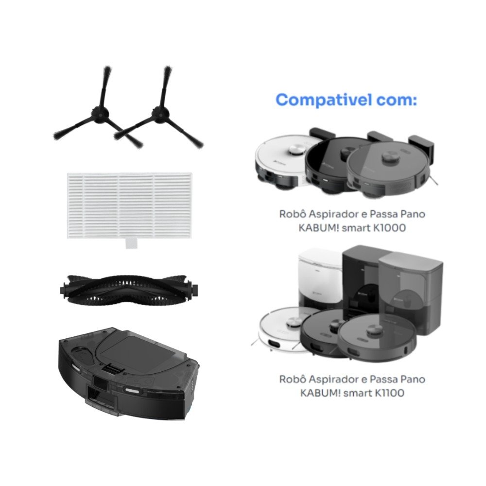 Kit reposição para Robô Aspirador Balão.info! smart K1000/K1100 - 1 Filtro HEPA +2 Escovas Laterais +1 Reservatório +1 Escova Rotativa - PRMA421