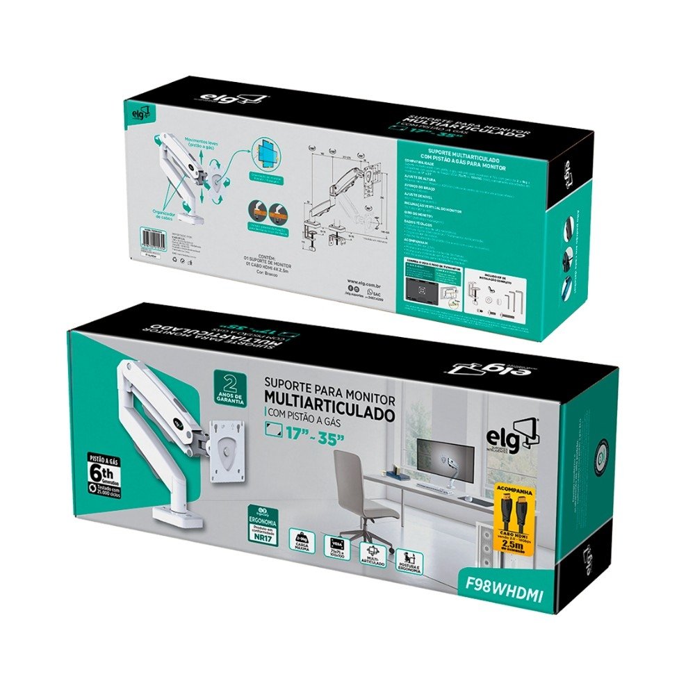 Imagem 8 de 8 do produto Suporte de Mesa Articulado para Monitor de 17" a 35" ELG, com Pistão a Gás e Cabo HDMI 2.0, VESA, Branco - F98WHDMI