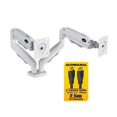 Suporte de Mesa Articulado para 2 Monitores de 17" a 35" ELG, com Pistão a Gás e Cabo HDMI 2.0, VESA, Branco - F196WHDMI