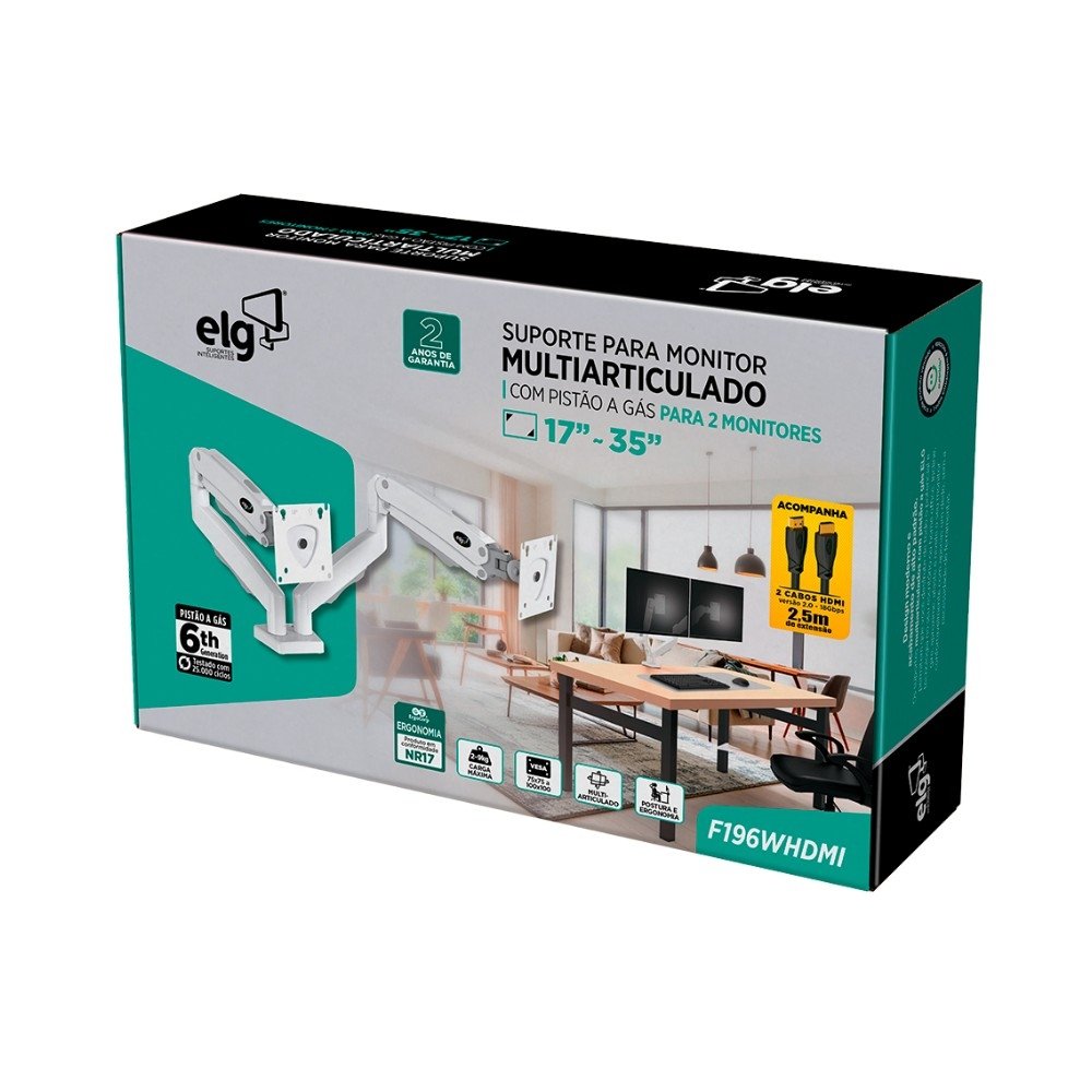 Imagem 12 de 12 do produto Suporte de Mesa Articulado para 2 Monitores de 17" a 35" ELG, com Pistão a Gás e Cabo HDMI 2.0, VESA, Branco - F196WHDMI