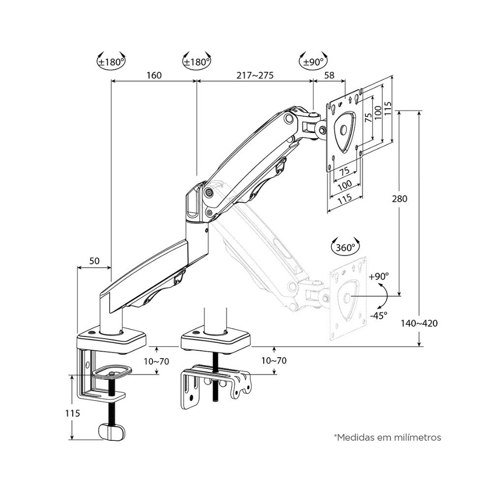 Imagem 10 de 11 do produto Suporte de Mesa Articulado para Monitor de 17" a 35" ELG, com Pistão a Gás e Cabo DisplayPort, VESA, Grafite - F98DP