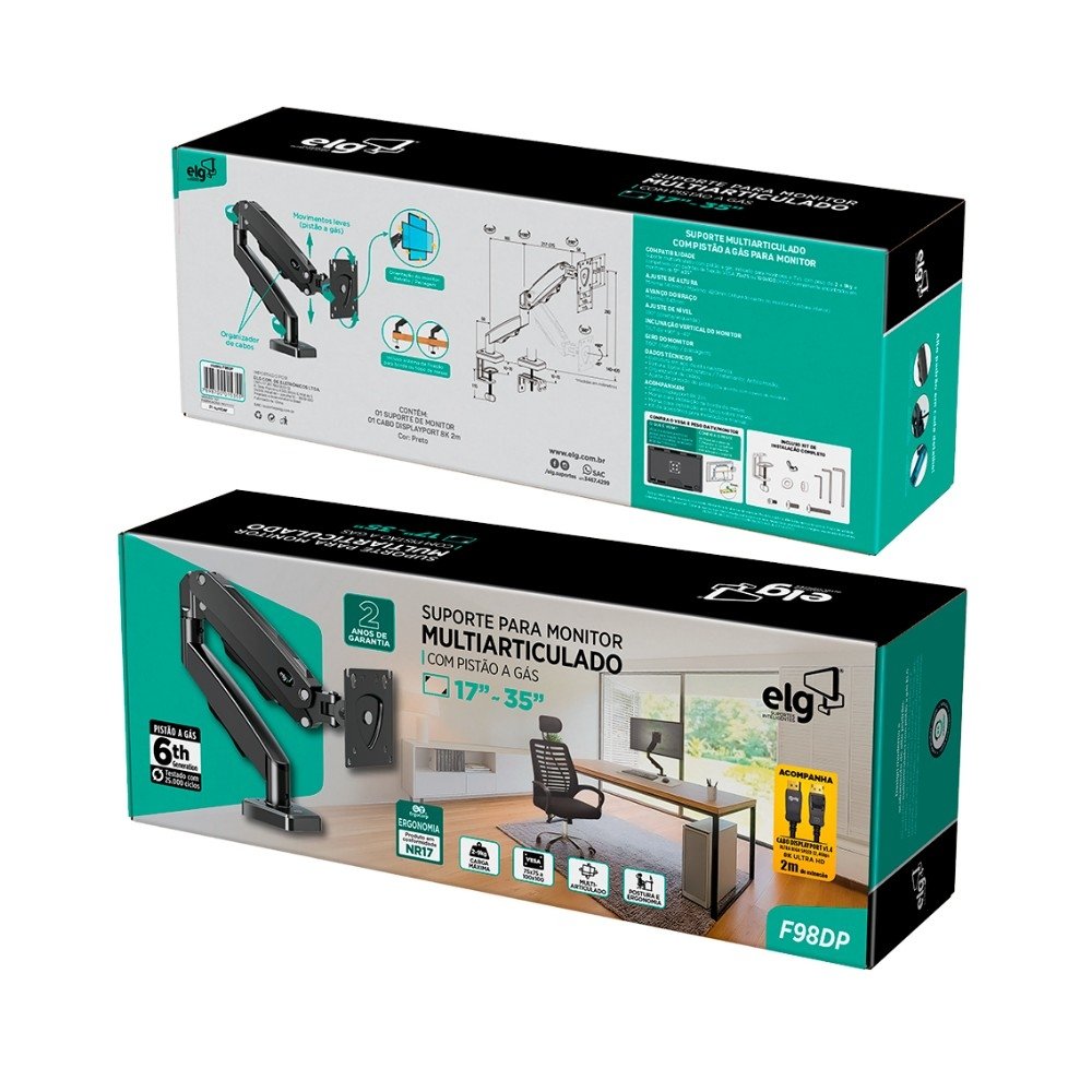 Imagem 11 de 11 do produto Suporte de Mesa Articulado para Monitor de 17" a 35" ELG, com Pistão a Gás e Cabo DisplayPort, VESA, Grafite - F98DP