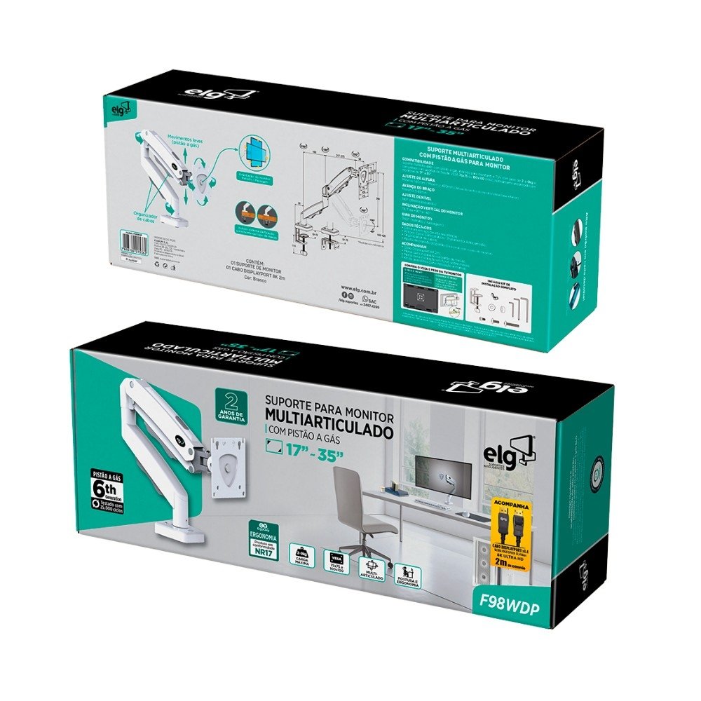 Imagem 8 de 8 do produto Suporte de Mesa Articulado para Monitor de 17" a 35" ELG, com Pistão a Gás e Cabo DisplayPort, VESA, Branco - F98WDP