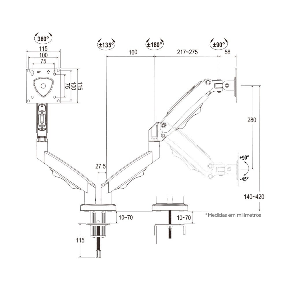 Imagem 10 de 12 do produto Suporte de Mesa Articulado para 2 Monitores de 17" a 35" ELG, com Pistão a Gás e Cabo DisplayPort, VESA, Grafite - F196DP