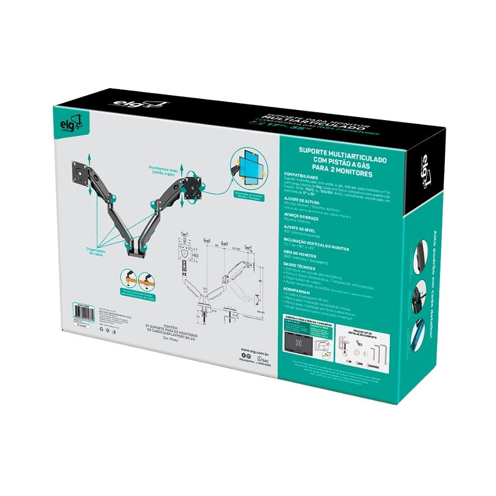 Imagem 11 de 12 do produto Suporte de Mesa Articulado para 2 Monitores de 17" a 35" ELG, com Pistão a Gás e Cabo DisplayPort, VESA, Grafite - F196DP